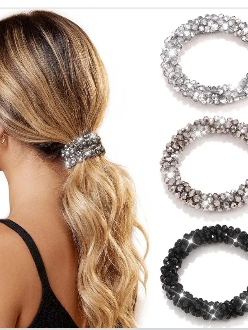 3 Pcs Sparkling Crystal Ponytail Holders - Silver & Black